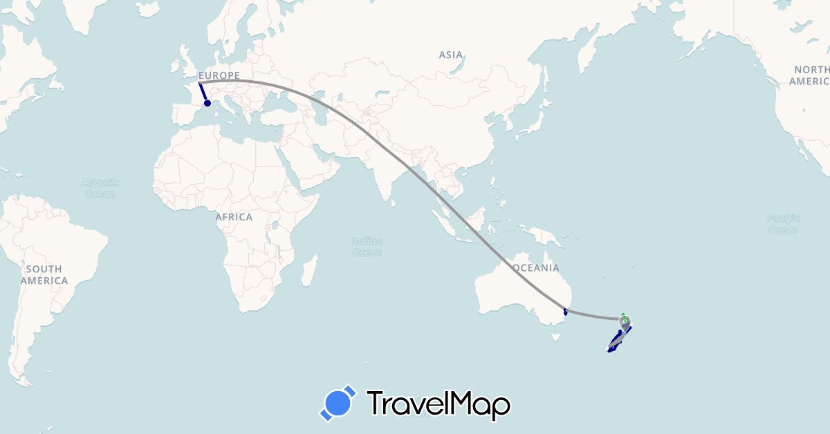 TravelMap itinerary: driving, bus, plane, boat in Australia, France, India, New Zealand (Asia, Europe, Oceania)